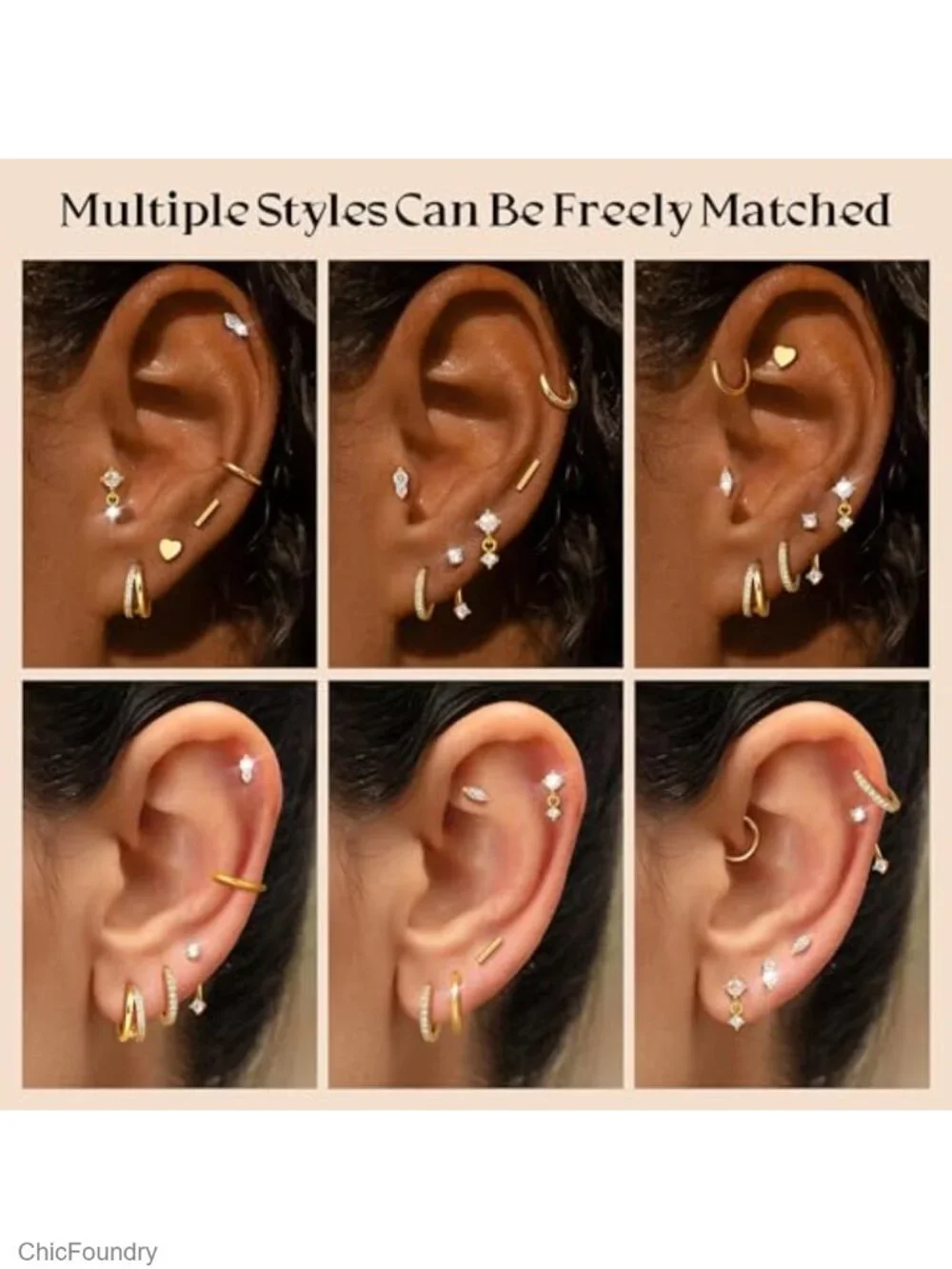 Gold Cartilage Earrings Women Hypoallergenic Surgical Steel Set